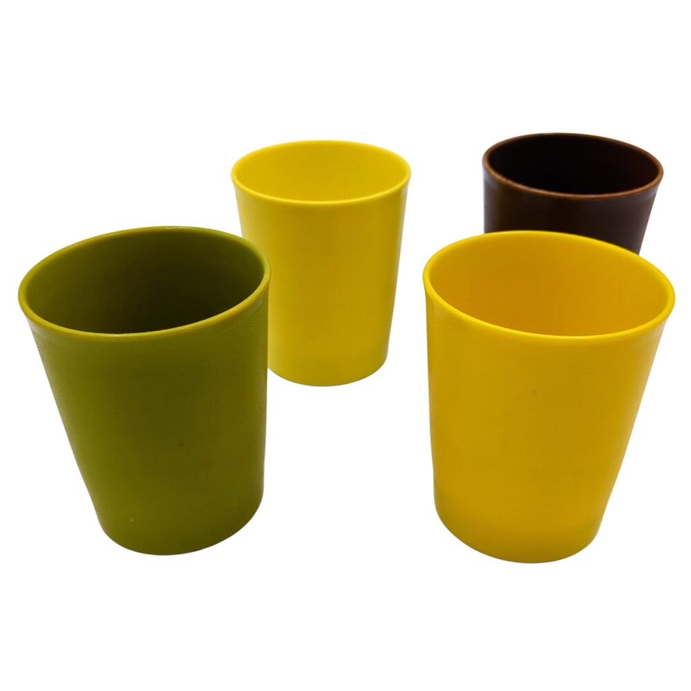 Vintage Tupperware Tumblers Set of 4 Yellow Green Brown Stackable Drinking Cups
